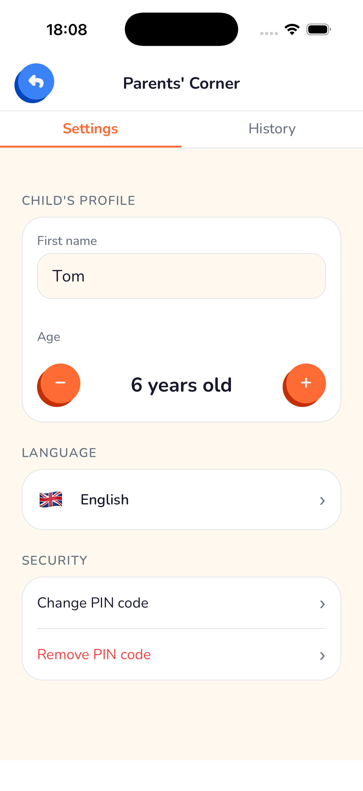 Yoggi Parents' Corner — chat history and parental controls